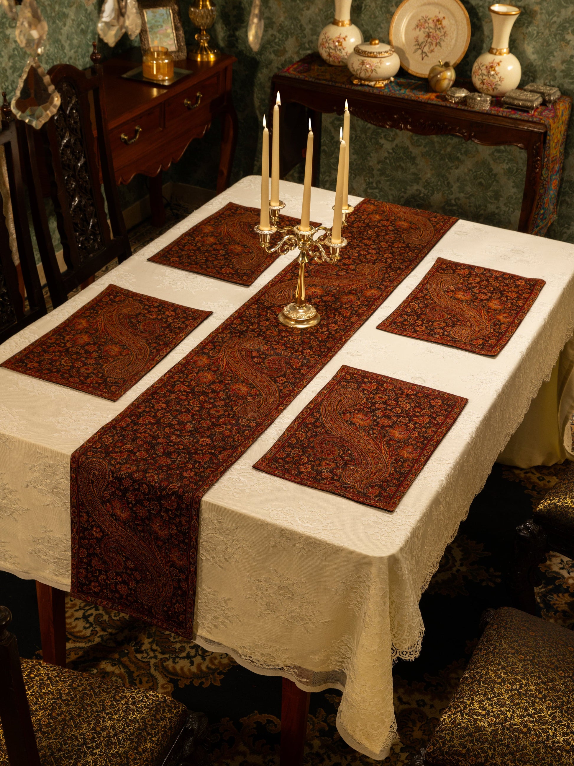 Pashtush India Gift Pack Pashtush Luxury Table Runner with Mats Set, Jamawar Collection, Espresso Brown