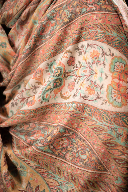Pashtush India Mens Shawls Gents Shawl Pashtush men Extra Fine Wool shawl, Antique Weave, Ethnic Jamawar design, Ivory