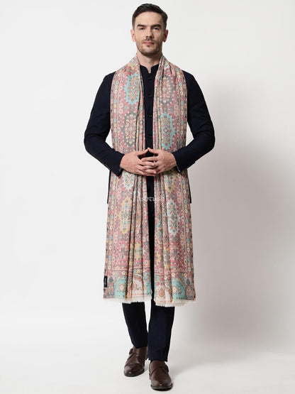 Pashtush India Mens Shawls Gents Shawl Pashtush men Extra Fine Wool shawl, Antique Weave, Ethnic Jamawar design, Ivory