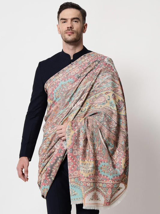 Pashtush India Mens Shawls Gents Shawl Pashtush men Extra Fine Wool shawl, Antique Weave, Ethnic Jamawar design, Ivory
