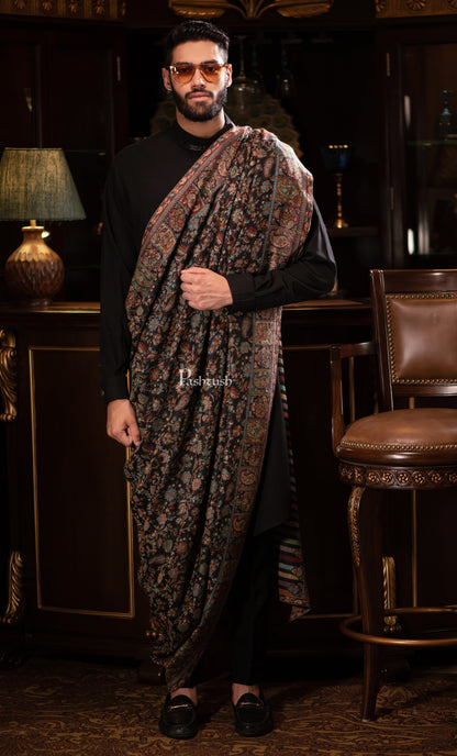 Pashtush India Mens Shawls Gents Shawl Pashtush men Extra Fine Wool shawl, ethnic design, Mens Lohi, Full size, Black