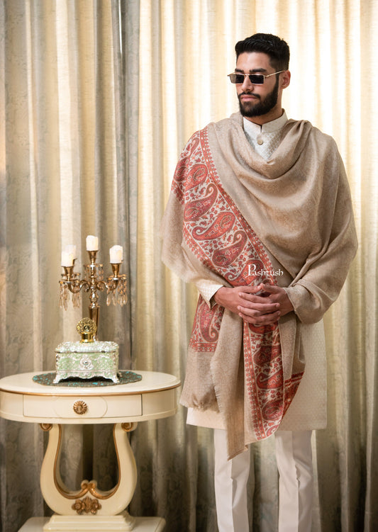 Pashtush India Mens Shawls Gents Shawl Pashtush men Extra Fine Wool shawl, Ethnic Palla design, Beige