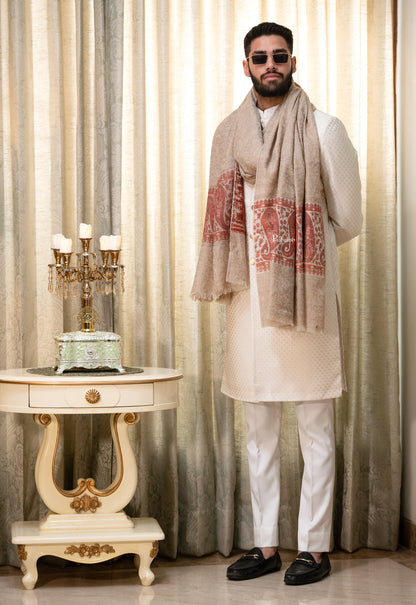 Pashtush India Mens Shawls Gents Shawl Pashtush men Extra Fine Wool shawl, Ethnic Palla design, Beige