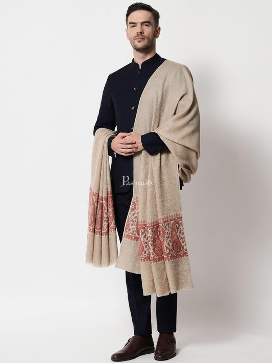 Pashtush India Mens Shawls Gents Shawl Pashtush men Extra Fine Wool shawl, Ethnic Palla design, Beige