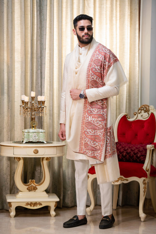 Pashtush India Mens Shawls Gents Shawl Pashtush men Extra Fine Wool shawl, Ethnic Palla design, Ivory