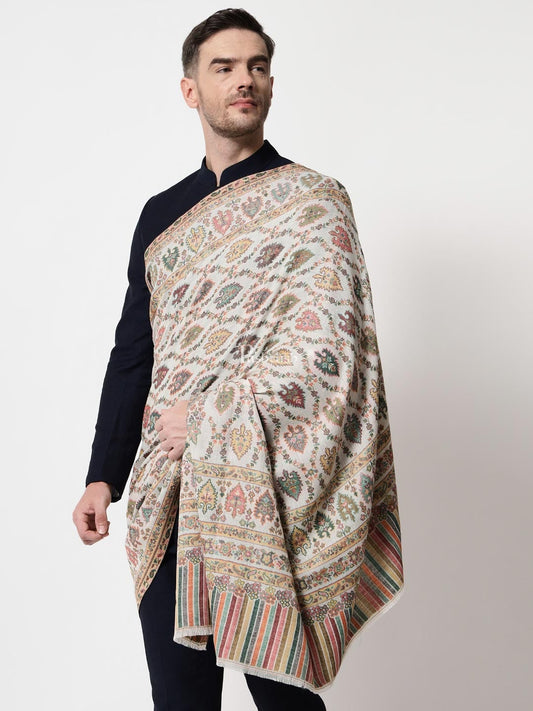 Pashtush India Mens Shawls Gents Shawl Pashtush men Extra Fine Wool shawl, Ethnic weave design, Ivory