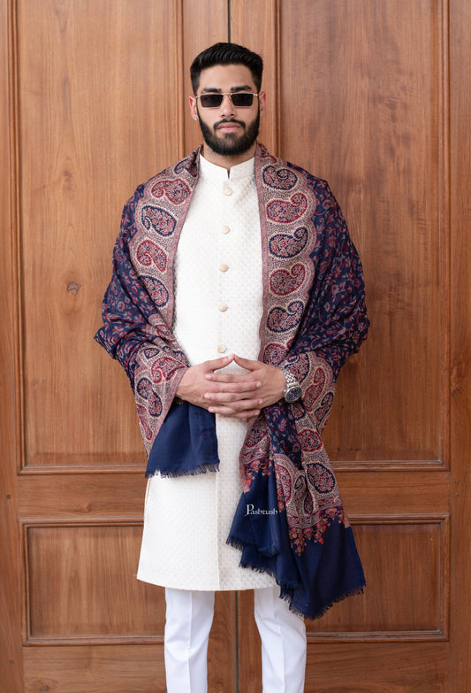 Pashtush India Mens Scarves Stoles and Mufflers Pashtush men Faux Pashmina stole, Ethnic design, Blue