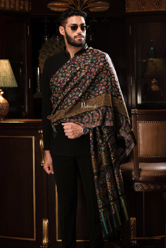 Pashtush India Mens Shawls Gents Shawl Pashtush men Fine Wool shawl, Ethnic design, Black, Mens Lohi, Full Size