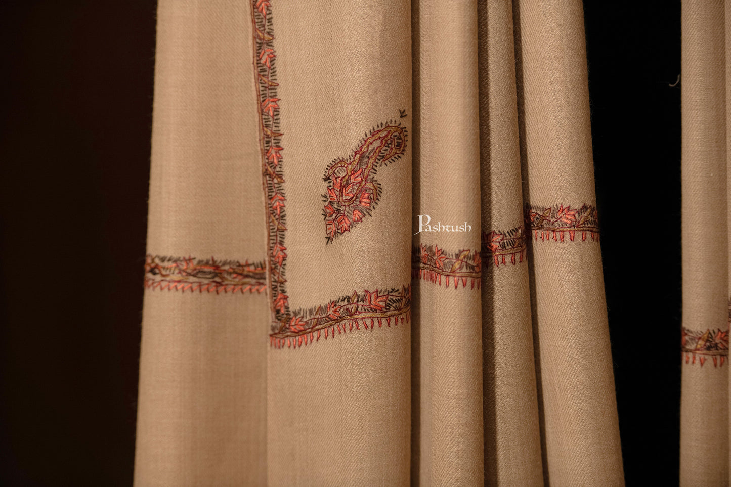 Pashtush India Mens Shawls Gents Shawl Pashtush men Hand Embroidery Woollen shawl, Kingri design, Full Size, Beige
