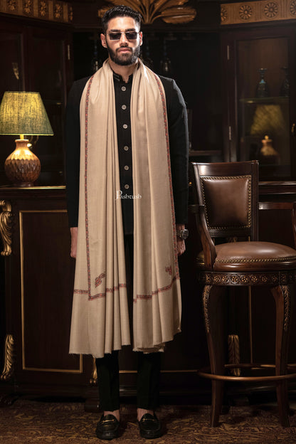 Pashtush India Mens Shawls Gents Shawl Pashtush men Hand Embroidery Woollen shawl, Kingri design, Full Size, Beige