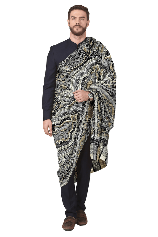 Pashtush India Mens Shawls Gents Shawl Pashtush Men's Pashmina Kalamkari Shawl: Handwoven, Hand Painted, and Hand Embroidered