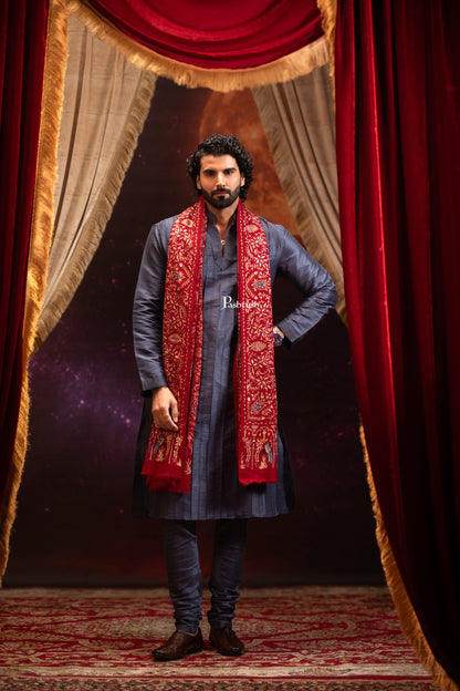 Pashtush India Mens Shawls Gents Shawl Pashtush Men's Pashmina Stole, Kashmiri Tilla Work, Handloom, Maroon