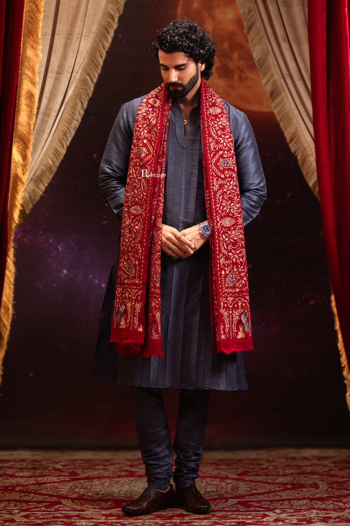 Pashtush India Mens Shawls Gents Shawl Pashtush Men's Pashmina Stole, Kashmiri Tilla Work, Handloom, Maroon