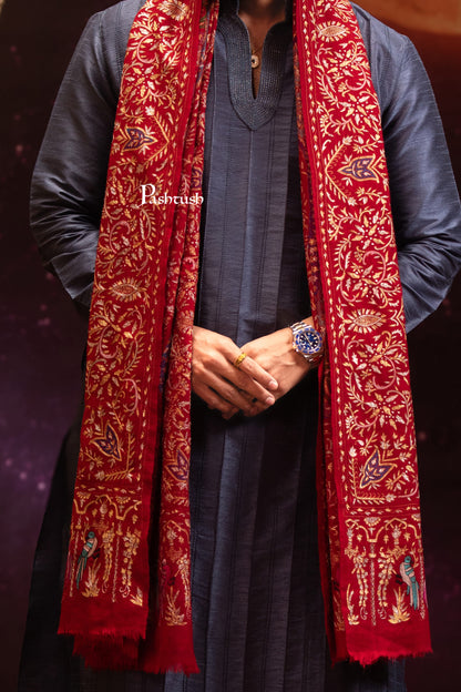 Pashtush India Mens Shawls Gents Shawl Pashtush Men's Pashmina Stole, Kashmiri Tilla Work, Handloom, Maroon