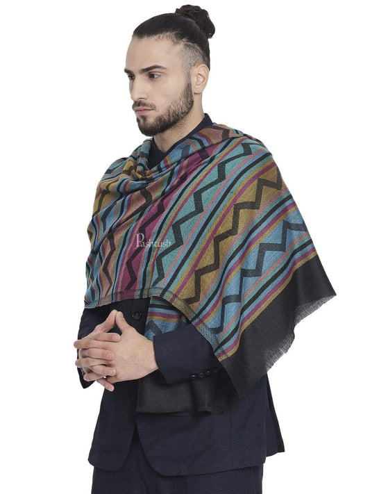 Pashtush India 70x200 Pashtush Men's Reversible Stole, Aztec Weave Scarf, Black