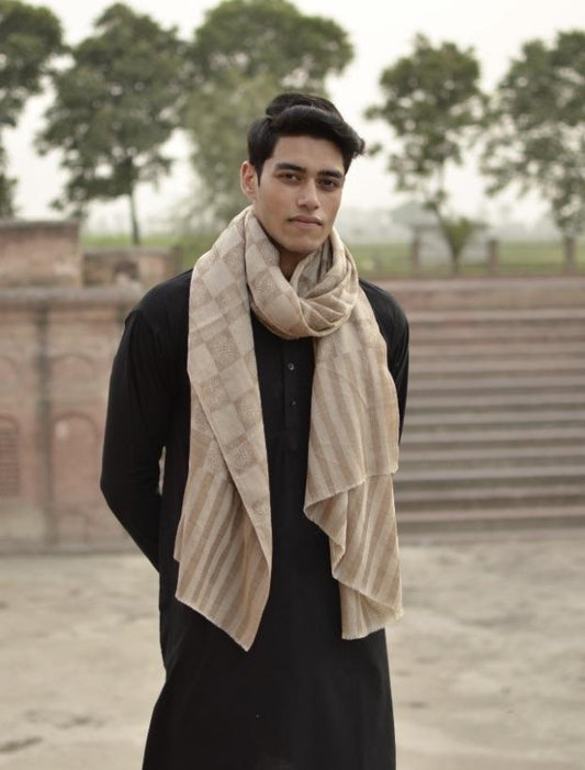 Pashtush India 70x200 Pashtush Men's Reversible Stole, checkered design Beige