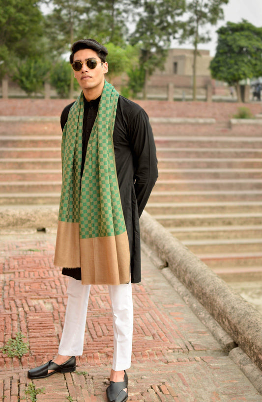 Pashtush India 70x200 Pashtush Men's Reversible Stole, checkered design Bottle Green