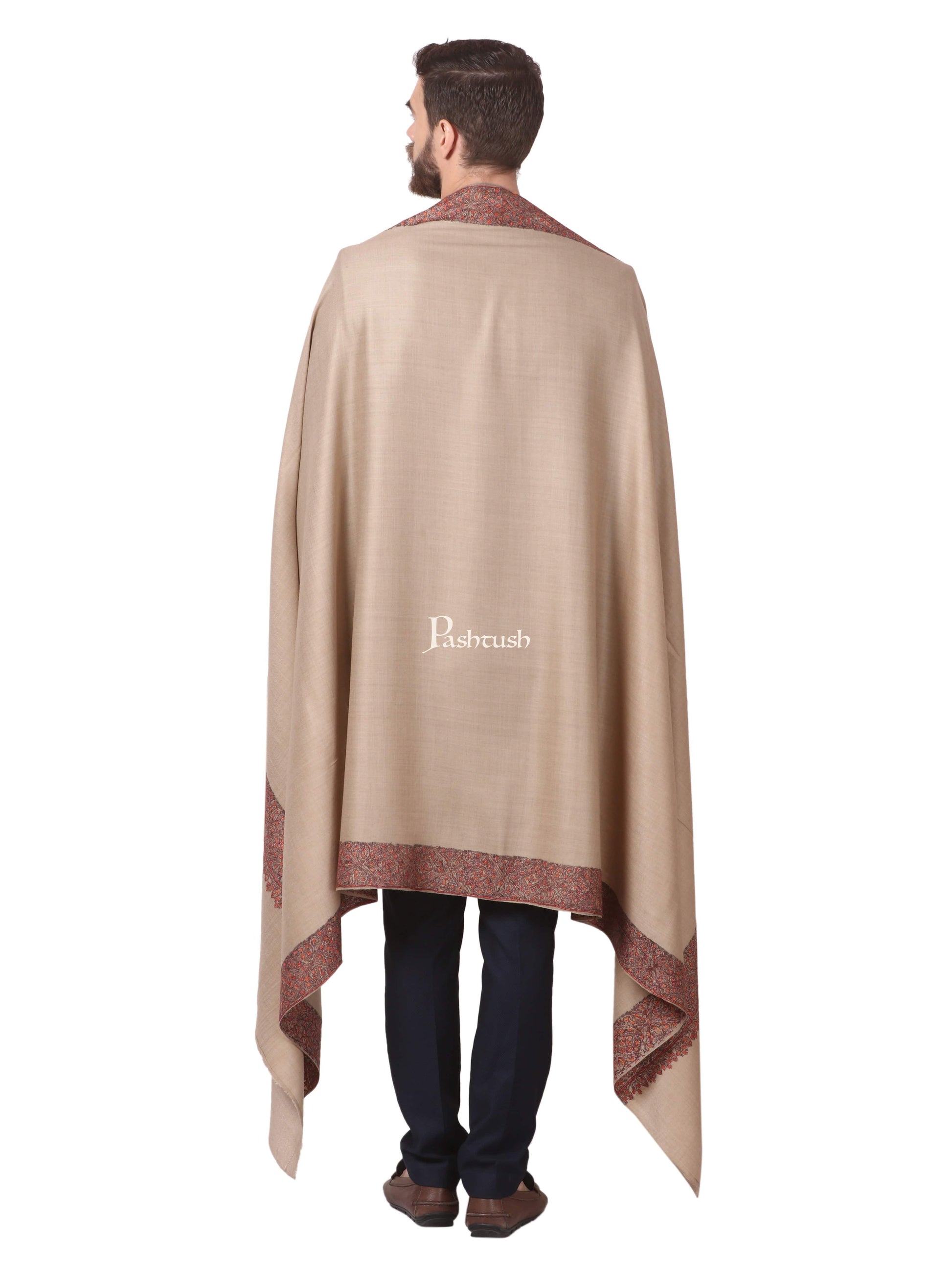 Pashtush India Mens Shawls Gents Shawl Pashtush Men'S Woolen Hand Made Embroidered Daur Shawl (Taupe, Medium)
