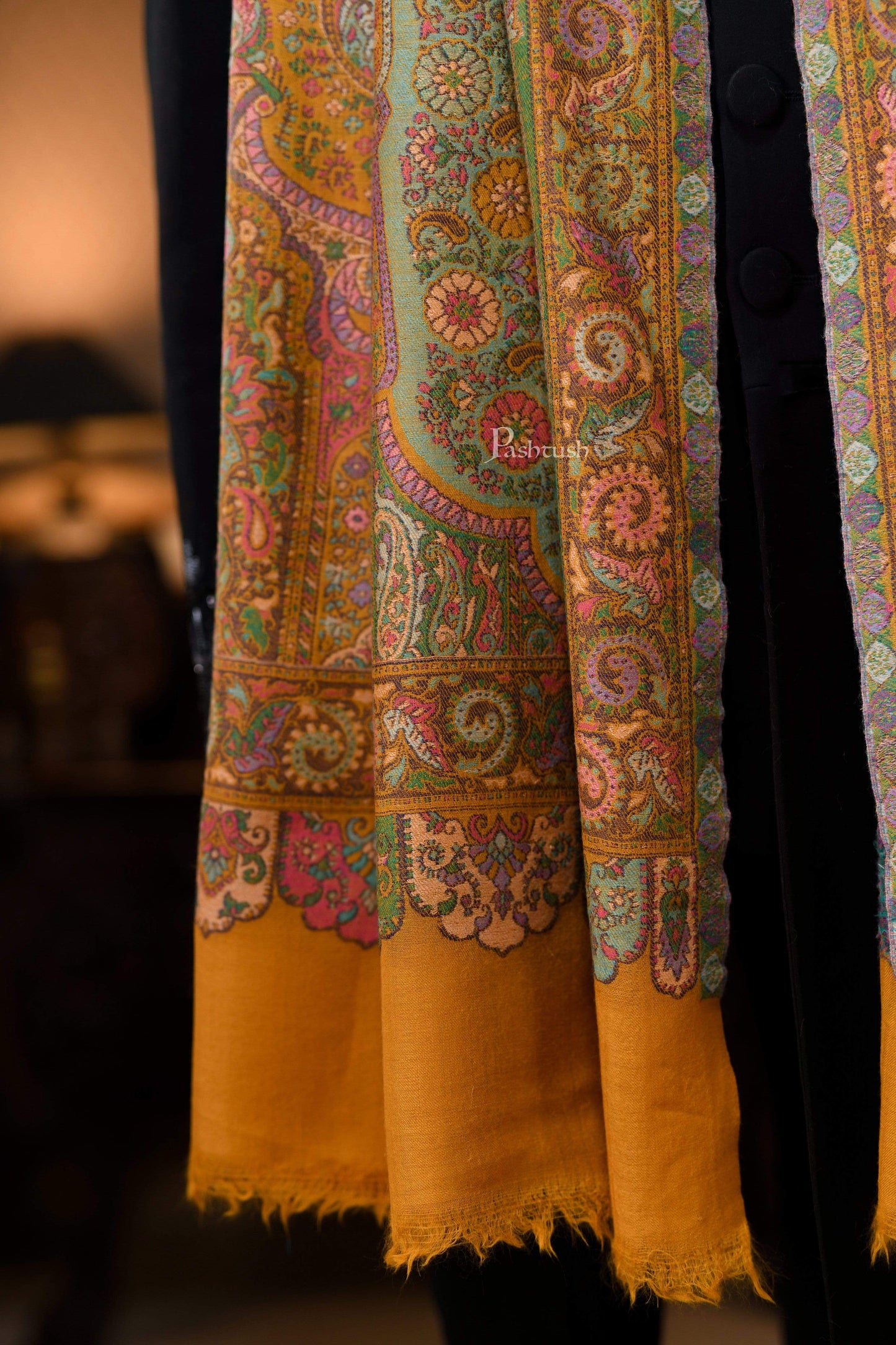 Pashtush India 100x200 Pashtush Mens 100% Certified Pure Wool, Woven Kalamkari Design Shawl, Mustard