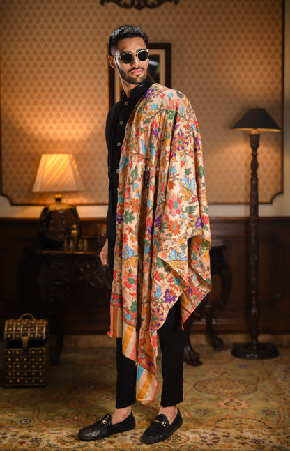 Pashtush India 70x200 Pashtush Mens 100% Hand Embroidery Hand Painted Kalamkari Stole