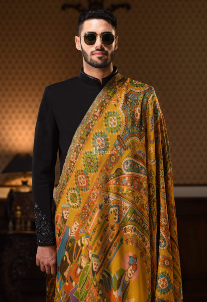 Pashtush India 100x200 Pashtush Mens 100% Pure Wool Darbar Design Shawl, With Woolmark Certification
