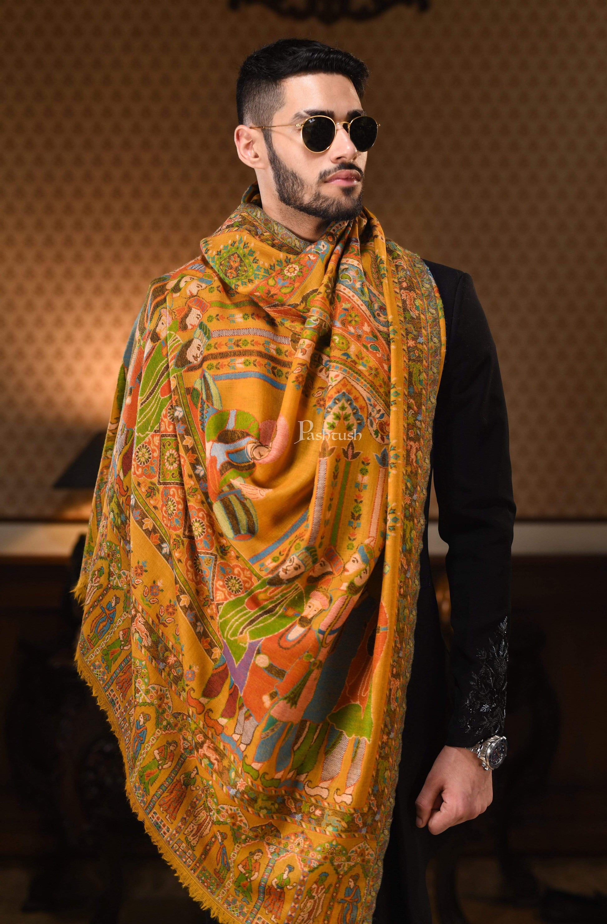 Pashtush India 100x200 Pashtush Mens 100% Pure Wool Darbar Design Shawl, With Woolmark Certification