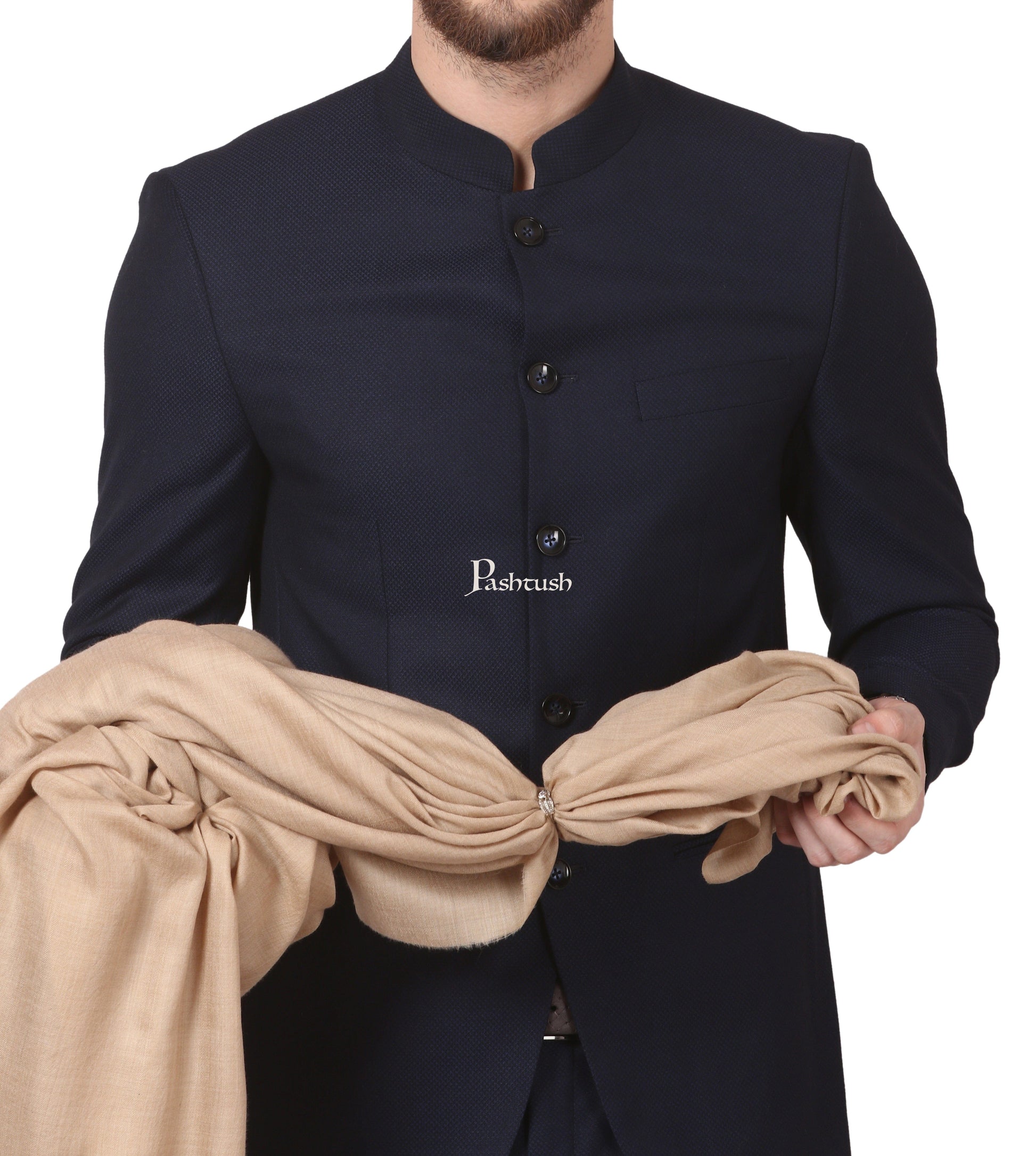 Pashtush India Mens Shawls Gents Shawl Pashtush Mens 100% Pure Wool Ring Shawl, Full Size - Beige