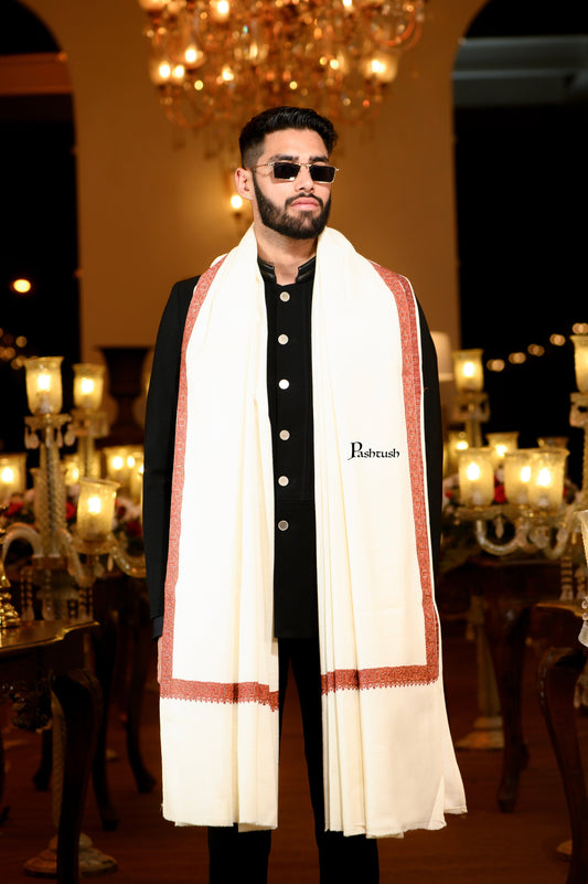 Pashtush India Mens Shawls Gents Shawl Pashtush Mens 100% Pure Wool with Woolmark Certificate Ethnic Shawl, Mens Lohi, Full Size, Ivory