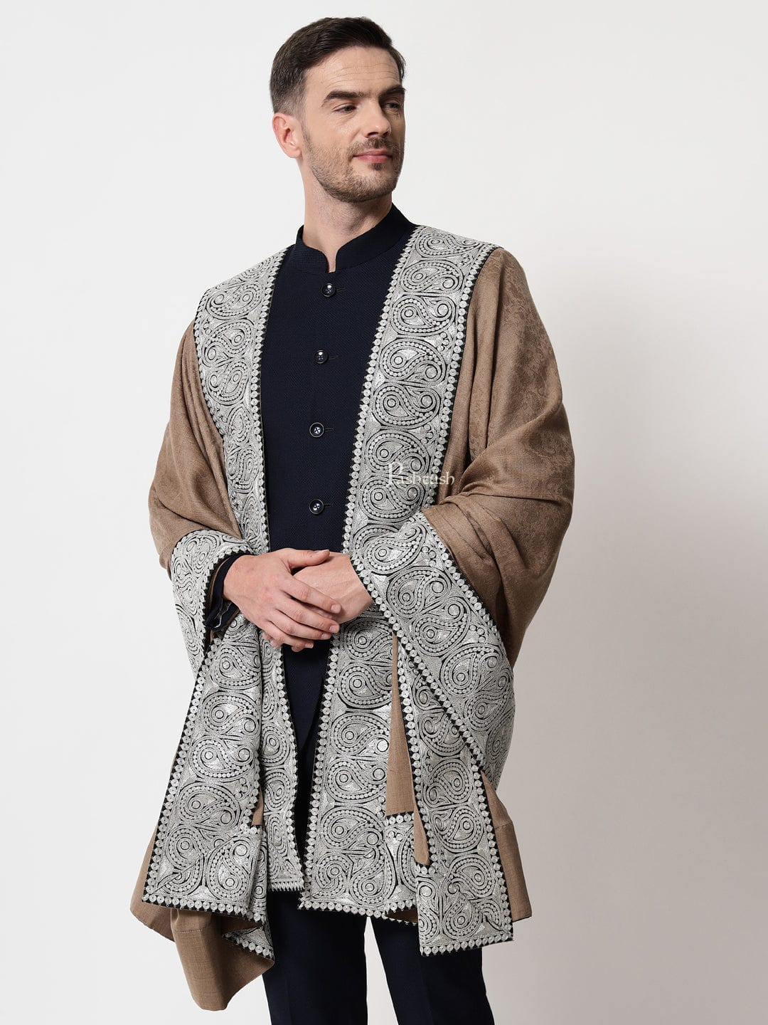 Pashtush India Mens Shawls Gents Shawl Pashtush mens 100% Pure Wool with Woolmark Certificate shawl, Meetallic Tilla border weave design, Beige
