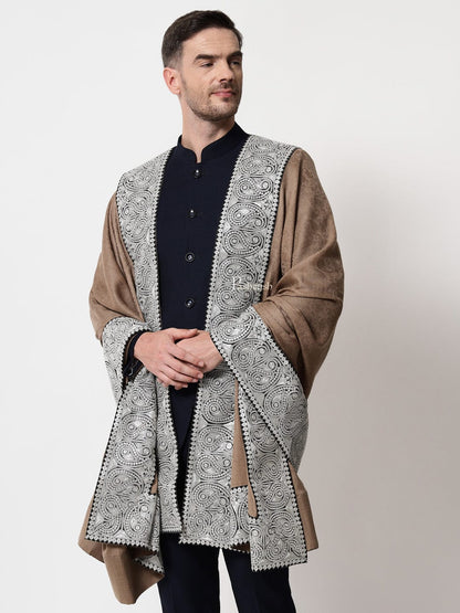 Pashtush India Mens Shawls Gents Shawl Pashtush mens 100% Pure Wool with Woolmark Certificate shawl, Meetallic Tilla border weave design, Beige