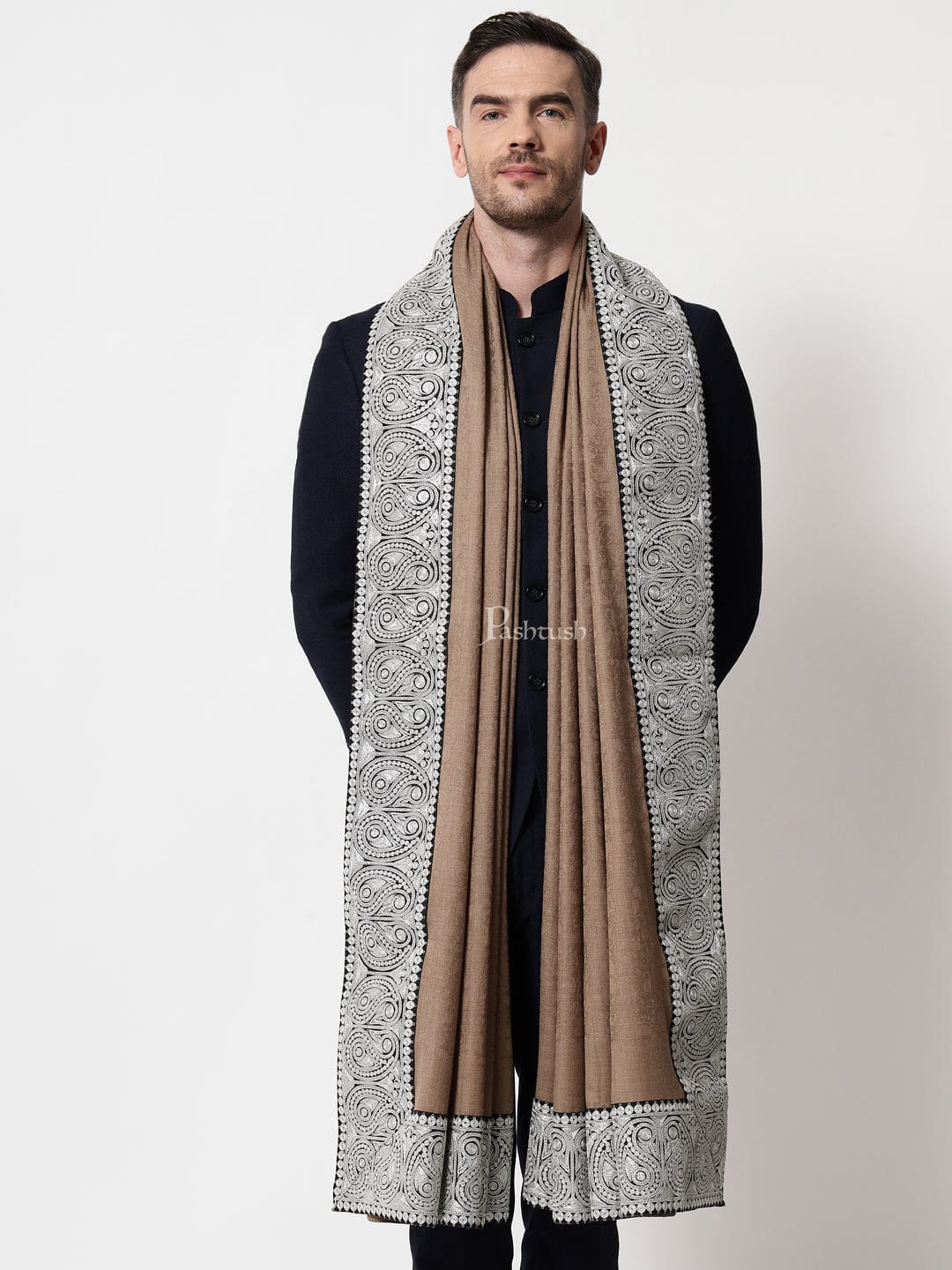 Pashtush India Mens Shawls Gents Shawl Pashtush mens 100% Pure Wool with Woolmark Certificate shawl, Meetallic Tilla border weave design, Beige