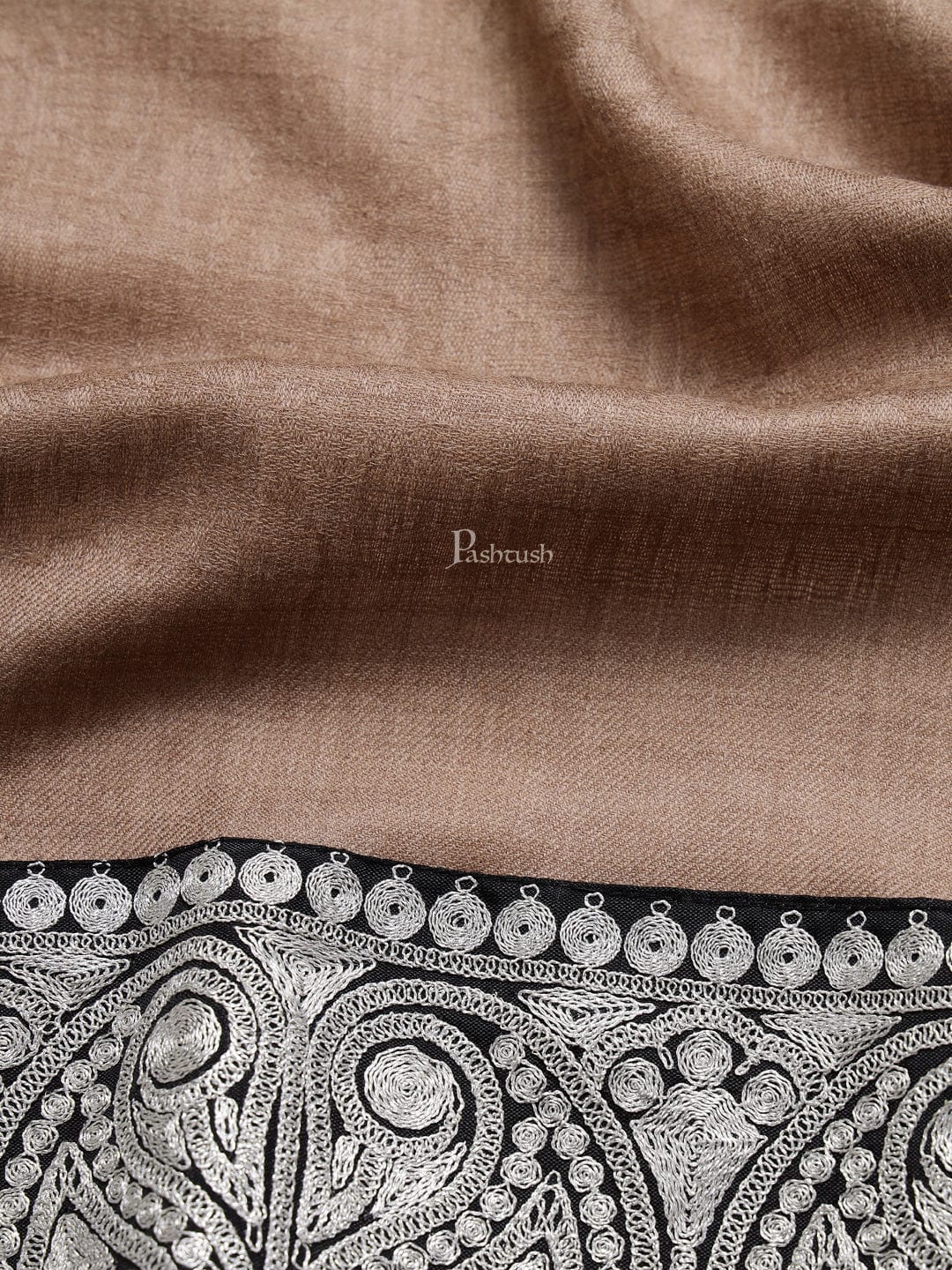 Pashtush India Mens Shawls Gents Shawl Pashtush mens 100% Pure Wool with Woolmark Certificate shawl, Meetallic Tilla border weave design, Beige