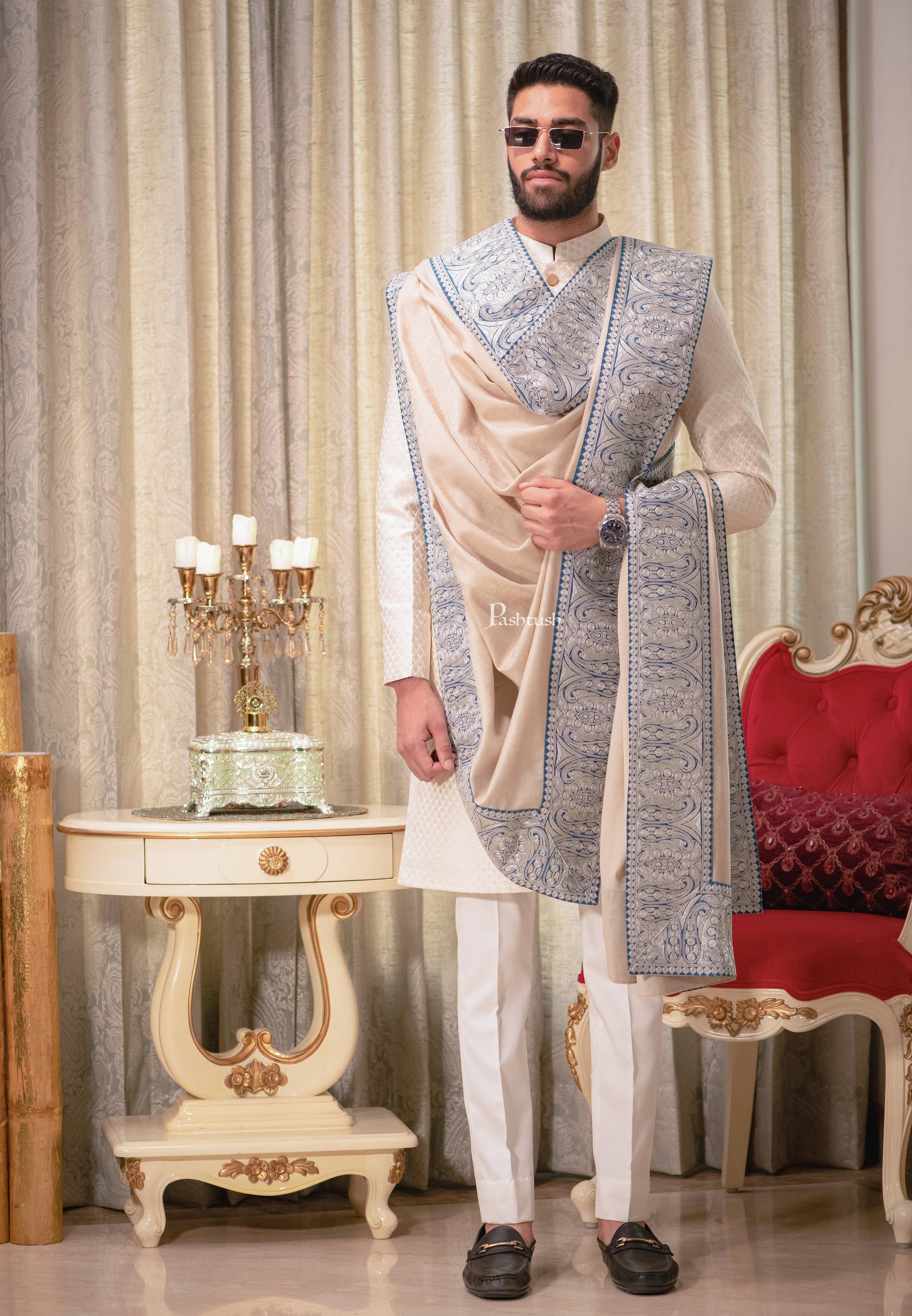Pashtush India Mens Shawls Gents Shawl Pashtush mens 100% Pure Wool with Woolmark Certificate shawl, Metallic Tilla border weave design, Beige
