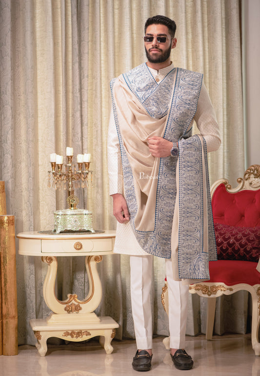 Pashtush India Mens Shawls Gents Shawl Pashtush mens 100% Pure Wool with Woolmark Certificate shawl, Metallic Tilla border weave design, Beige