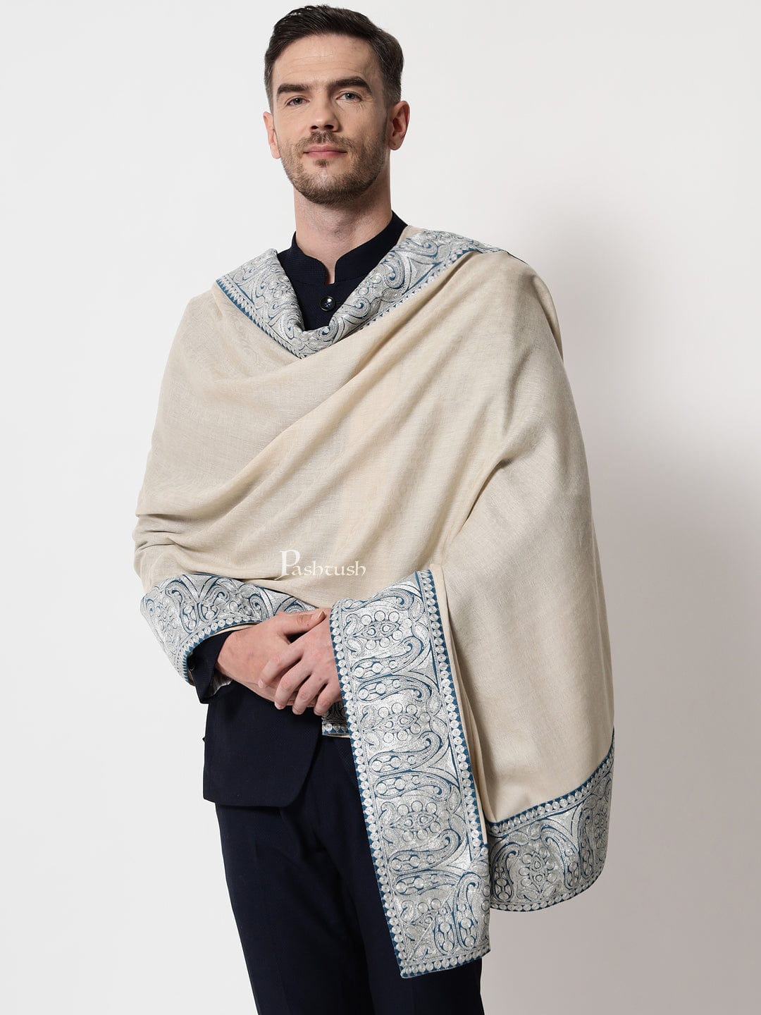 Pashtush India Mens Shawls Gents Shawl Pashtush mens 100% Pure Wool with Woolmark Certificate shawl, Metallic Tilla border weave design, Beige