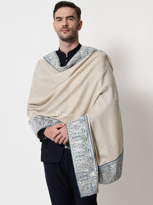 Pashtush India Mens Shawls Gents Shawl Pashtush mens 100% Pure Wool with Woolmark Certificate shawl, Metallic Tilla border weave design, Beige