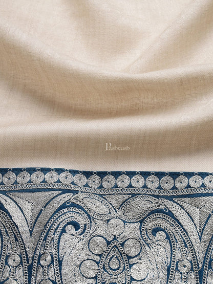 Pashtush India Mens Shawls Gents Shawl Pashtush mens 100% Pure Wool with Woolmark Certificate shawl, Metallic Tilla border weave design, Beige