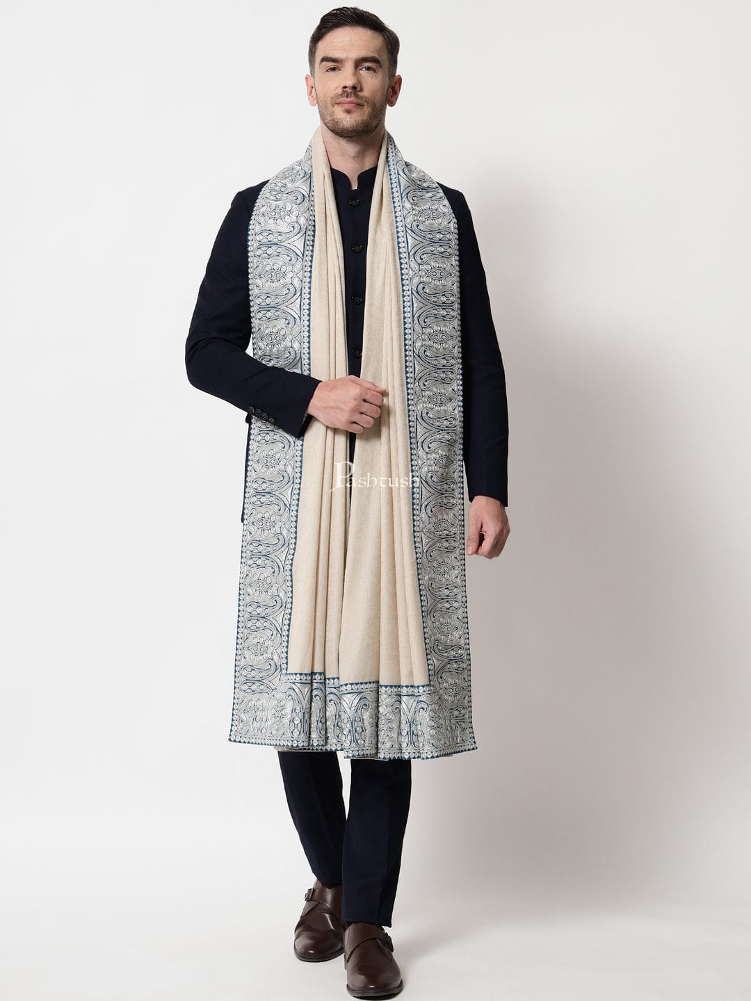 Pashtush India Mens Shawls Gents Shawl Pashtush mens 100% Pure Wool with Woolmark Certificate shawl, Metallic Tilla border weave design, Beige