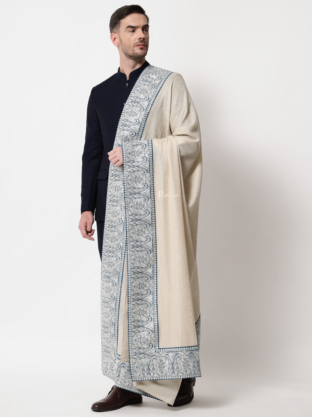 Pashtush India Mens Shawls Gents Shawl Pashtush mens 100% Pure Wool with Woolmark Certificate shawl, Metallic Tilla border weave design, Beige
