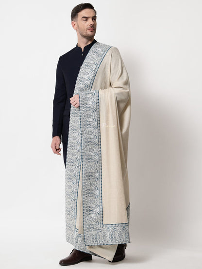 Pashtush India Mens Shawls Gents Shawl Pashtush mens 100% Pure Wool with Woolmark Certificate shawl, Metallic Tilla border weave design, Beige