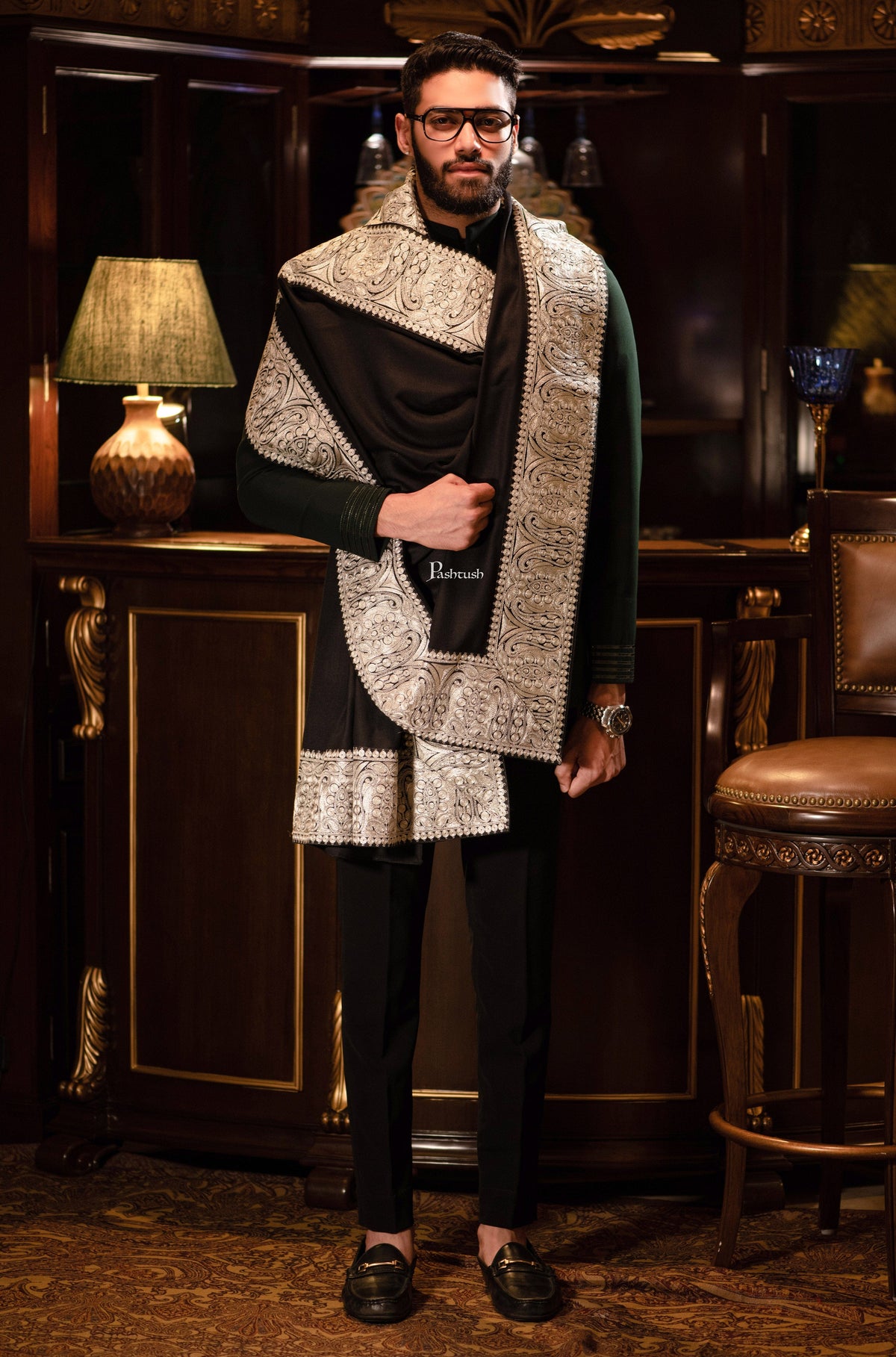 Pashtush India Mens Scarves Stoles and Mufflers Pashtush mens 100% Pure Wool with Woolmark Certificate shawl, Metallic Tilla border weave design, Black