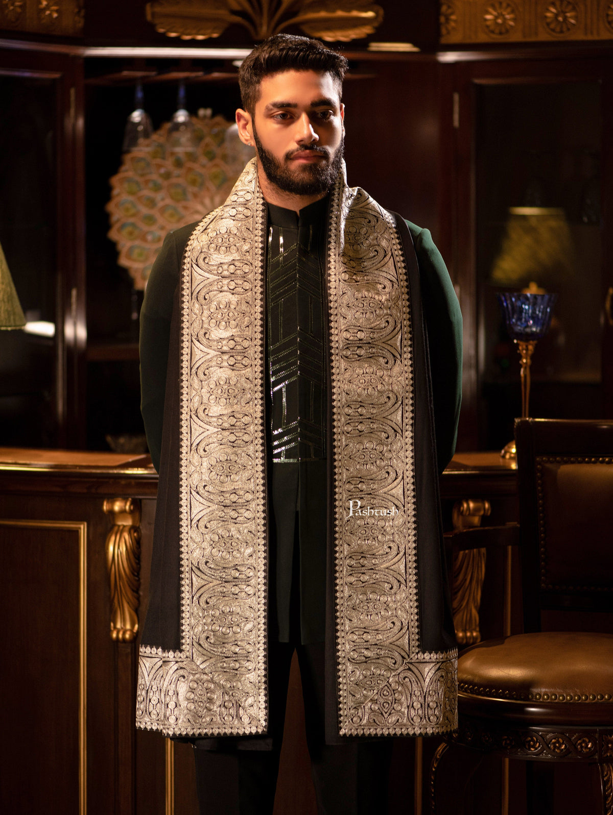 Pashtush India Mens Scarves Stoles and Mufflers Pashtush mens 100% Pure Wool with Woolmark Certificate shawl, Metallic Tilla border weave design, Black