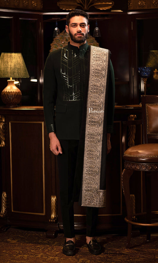 Pashtush India Mens Scarves Stoles and Mufflers Pashtush mens 100% Pure Wool with Woolmark Certificate shawl, Metallic Tilla border weave design, Black