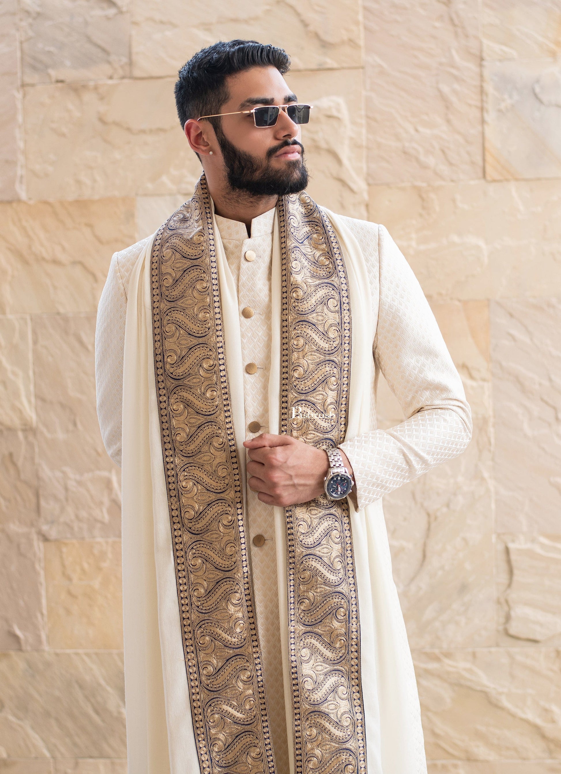 Pashtush India Mens Shawls Gents Shawl Pashtush mens 100% Pure Wool with Woolmark Certificate shawl, Metallic Tilla border weave design, Ivory