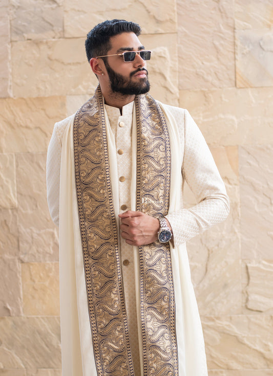 Pashtush India Mens Shawls Gents Shawl Pashtush mens 100% Pure Wool with Woolmark Certificate shawl, Metallic Tilla border weave design, Ivory
