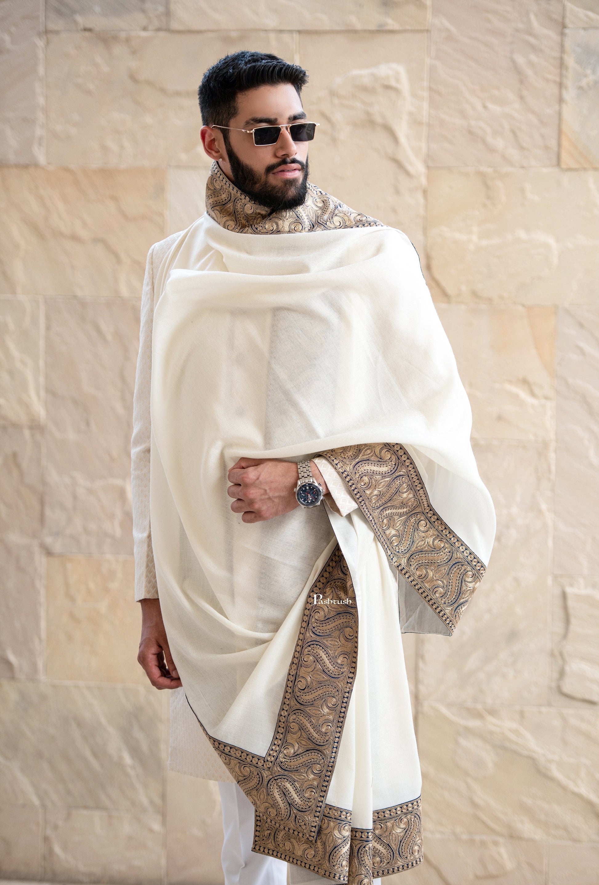 Pashtush India Mens Shawls Gents Shawl Pashtush mens 100% Pure Wool with Woolmark Certificate shawl, Metallic Tilla border weave design, Ivory
