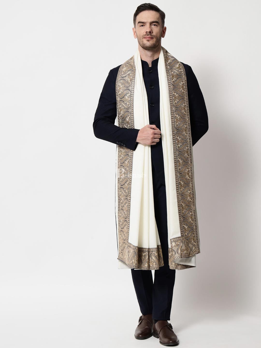 Pashtush India Mens Shawls Gents Shawl Pashtush mens 100% Pure Wool with Woolmark Certificate shawl, Metallic Tilla border weave design, Ivory