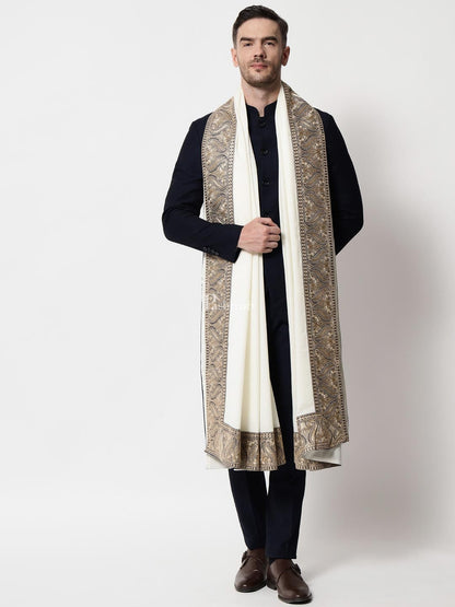 Pashtush India Mens Shawls Gents Shawl Pashtush mens 100% Pure Wool with Woolmark Certificate shawl, Metallic Tilla border weave design, Ivory