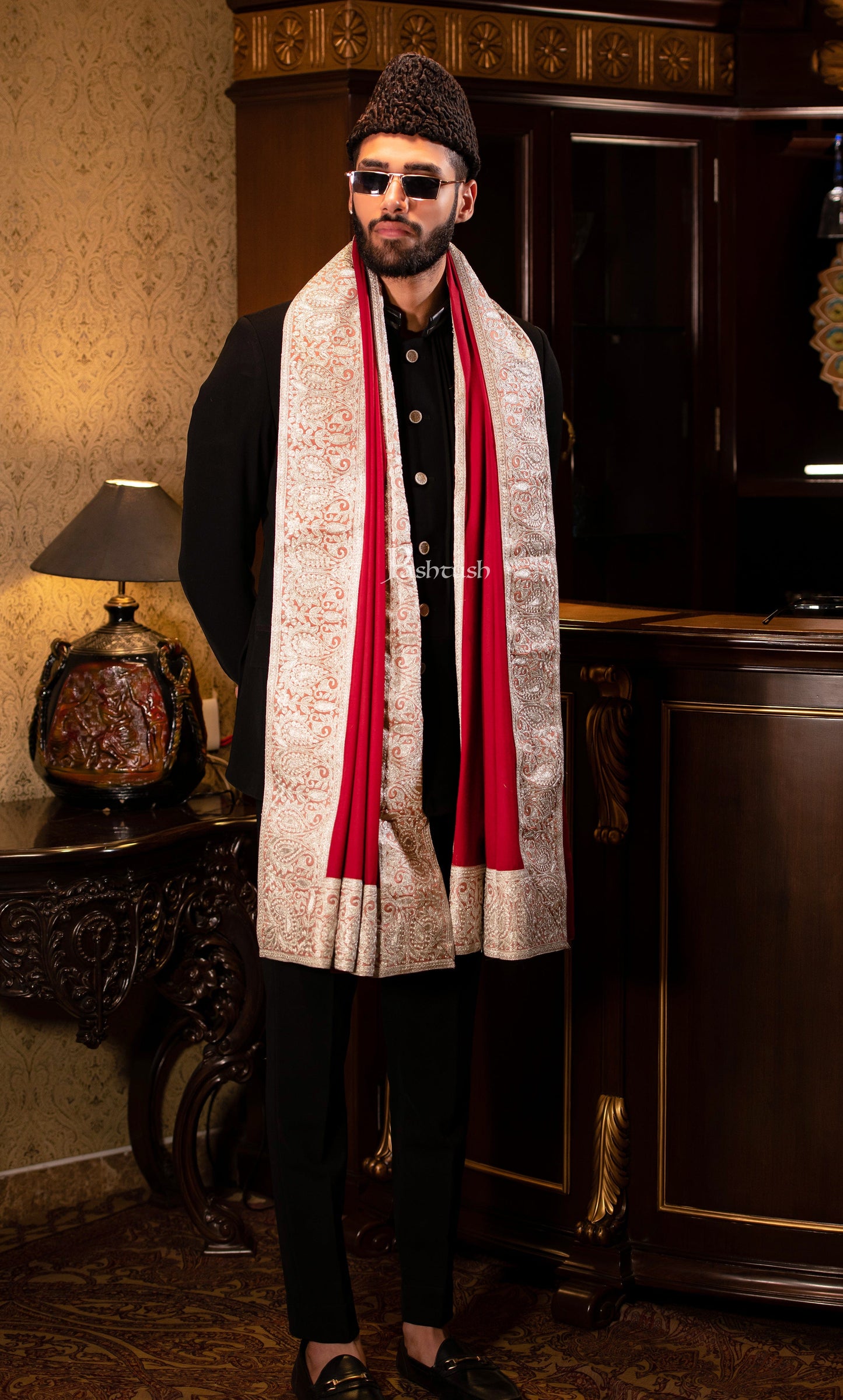 Pashtush India Mens Scarves Stoles and Mufflers Pashtush mens 100% Pure Wool with Woolmark Certificate shawl, Metallic Tilla border weave design, Maroon