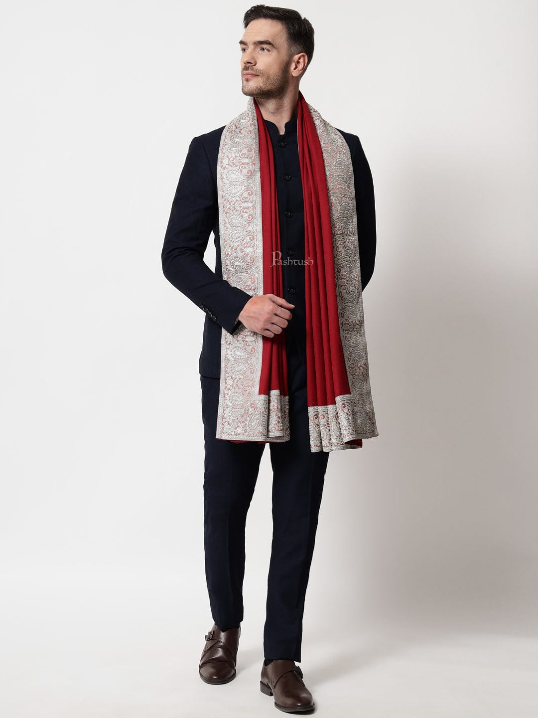 Pashtush India Mens Scarves Stoles and Mufflers Pashtush mens 100% Pure Wool with Woolmark Certificate shawl, Metallic Tilla border weave design, Maroon